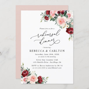 Rustic Burgundy Floral Rehearsal Dinner Invitation