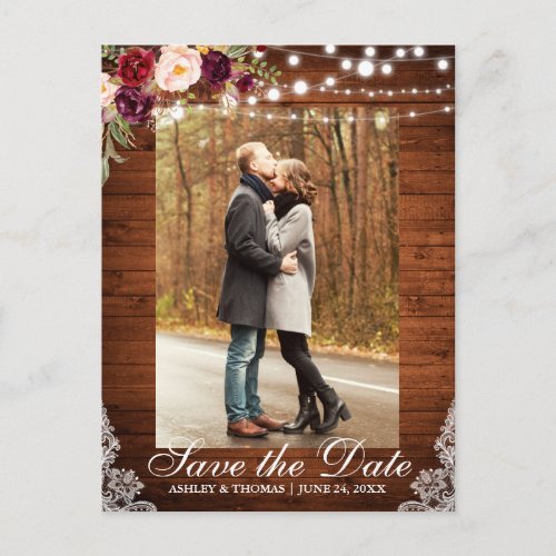 Rustic Burgundy Floral Save the Date Back Text Announcement Postcard