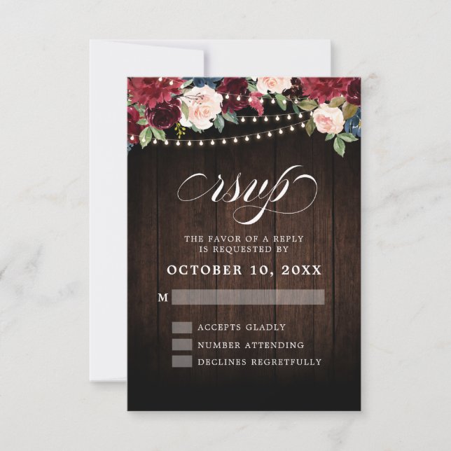 Rustic Burgundy Floral String Light Wedding RSVP (Front)