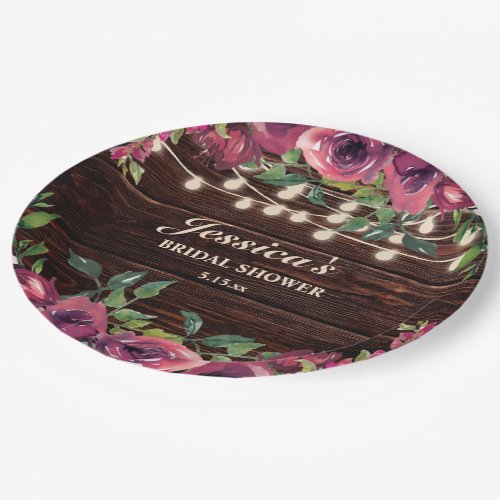 Rustic Burgundy Floral String Lights Bridal Shower Paper Plates