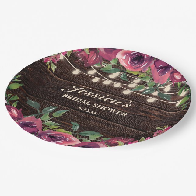 Rustic Burgundy Floral String Lights Bridal Shower Paper Plates (Angled)