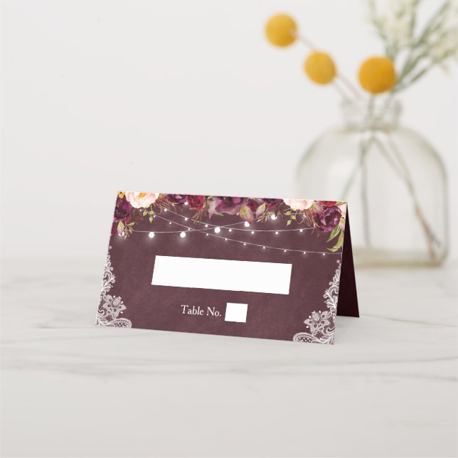 Rustic Burgundy Floral String Lights Lace Wedding Place Card (Front)