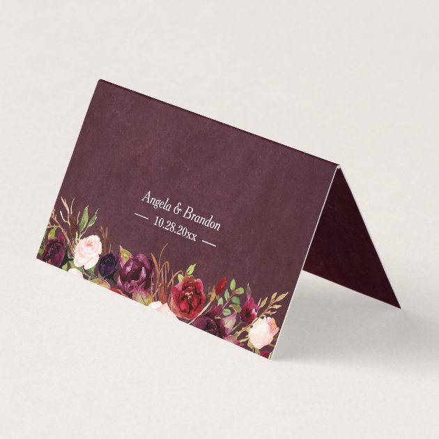 Rustic Burgundy Floral String Lights Lace Wedding Place Card