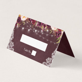 Rustic Burgundy Floral String Lights Lace Wedding Place Card
