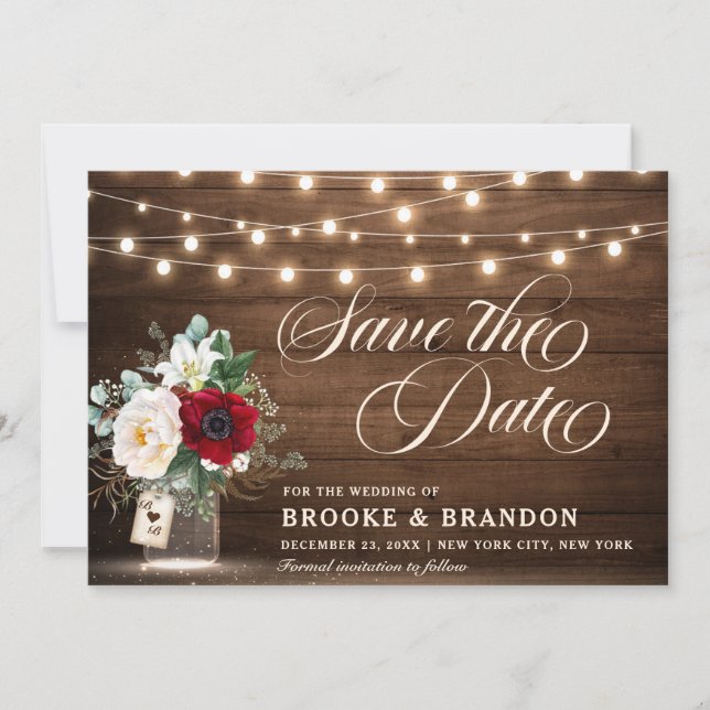 Rustic Burgundy Floral String Lights Mason Jar Save The Date (Front)