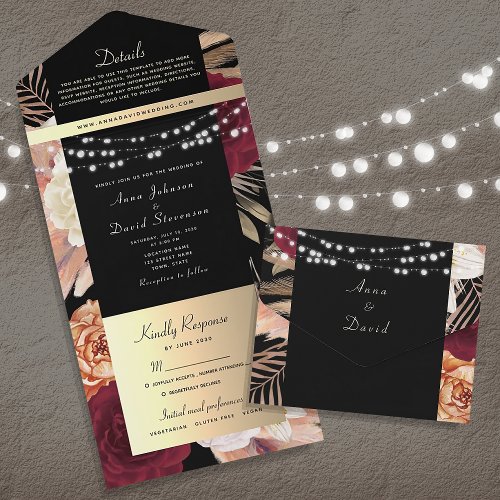 Rustic Burgundy Floral String Lights Wedding All In One Invitation