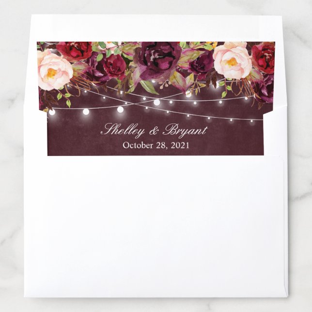 Rustic Burgundy Floral String Lights Wedding Envelope Liner (In Envelope)