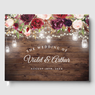 Rustic Burgundy Floral String Lights Wedding Guest Book