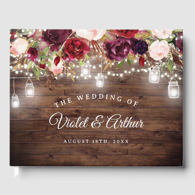 Rustic Burgundy Floral String Lights Wedding  Guest Book (Front)