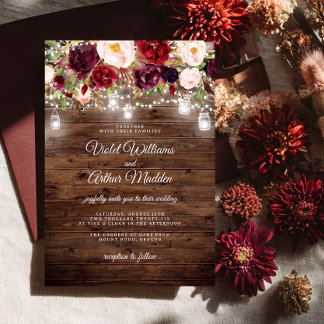 Rustic Burgundy Floral String Lights Wedding Invitation