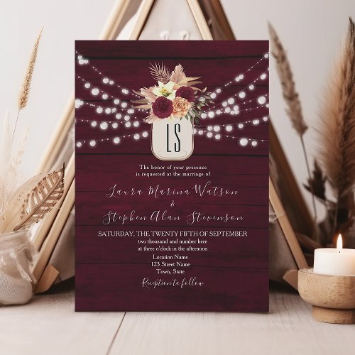 Rustic Burgundy Floral String Lights Wedding Invitation