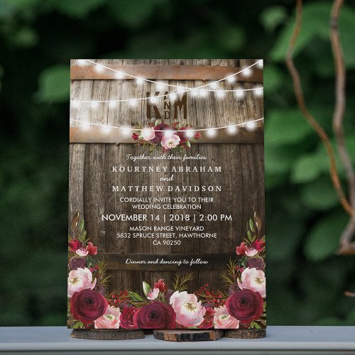 Rustic Burgundy Floral String Lights Wedding Invitation