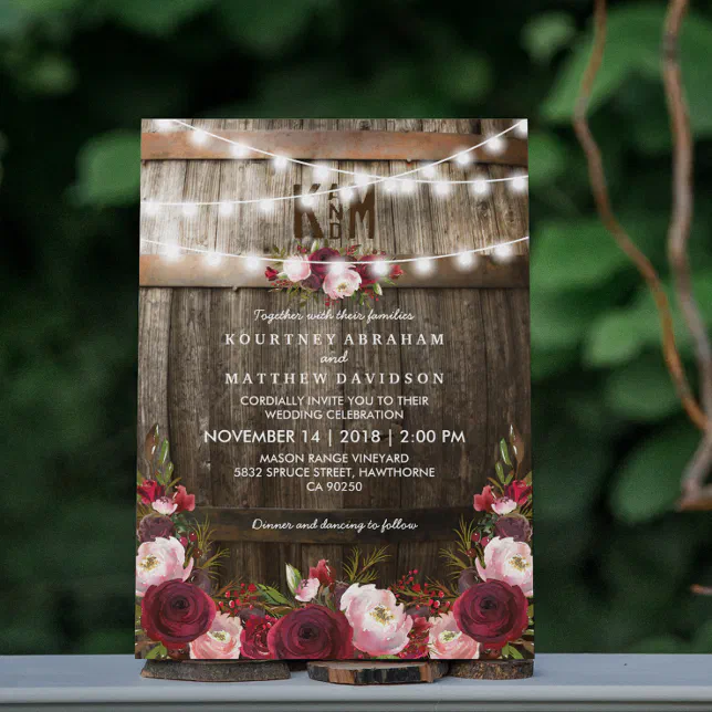 Rustic Burgundy Floral String Lights Wedding Invitation | Zazzle