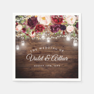 Rustic Burgundy Floral String Lights Wedding Napkins