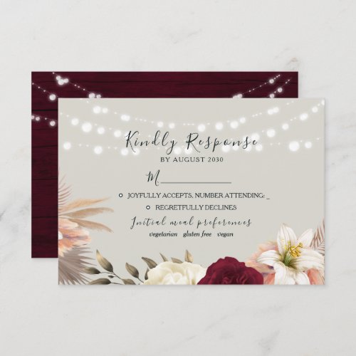 Rustic Burgundy Floral String Lights Wedding RSVP Card