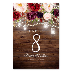 Rustic Burgundy Floral String Lights Wedding Table Number