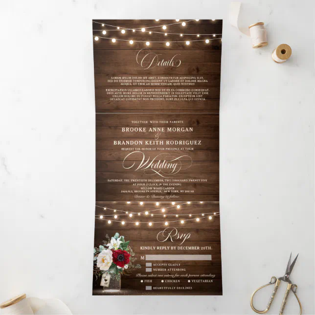 Rustic Burgundy Floral Tri-Fold Wedding Invitation | Zazzle