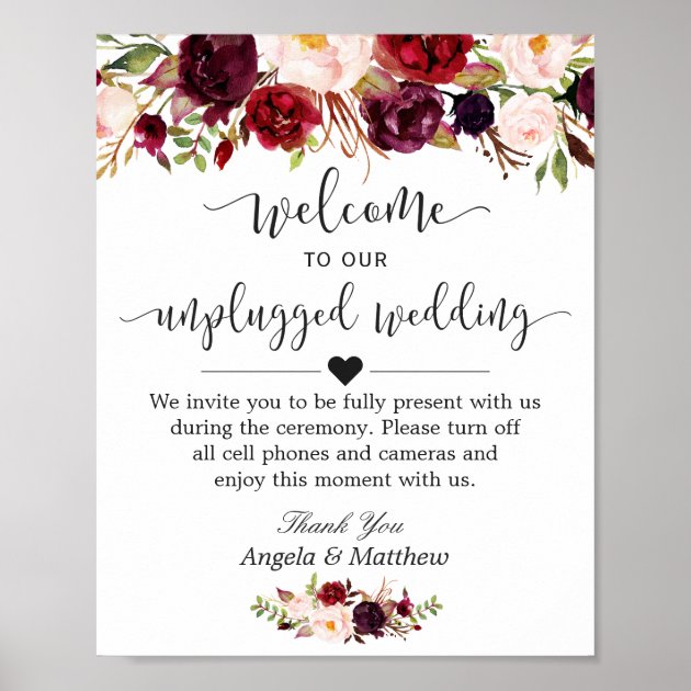 Rustic Burgundy Floral Unplugged Wedding Sign