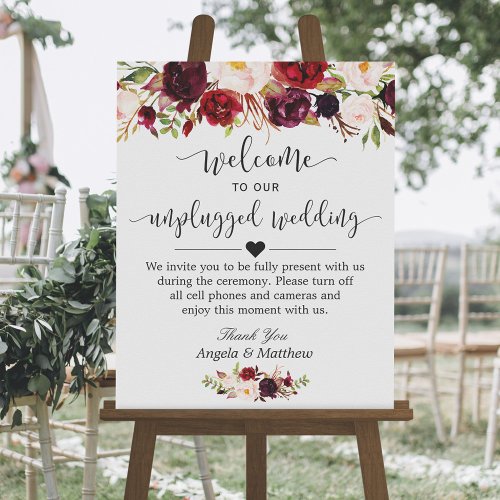 Rustic Burgundy Floral Unplugged Wedding Sign