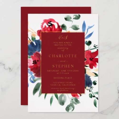 Rustic burgundy floral watercolor gold wedding foil invitation