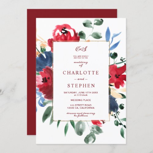 Rustic burgundy floral watercolor gold wedding invitation - Elegant winter chic rustic red burgundy and navy blue floral watercolor gold wedding with monogram and initials, featuring beautiful painted blue roses, peonies and loose floral watercolor. Perfect for fall winter weddings.
