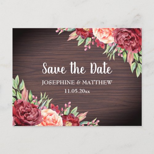 Rustic Burgundy Floral Watercolor Save The Date Announcement Postcard