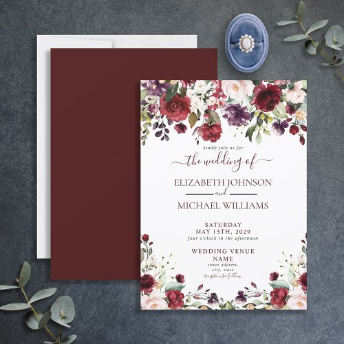 Rustic Burgundy Floral Watercolor Script Wedding Invitation