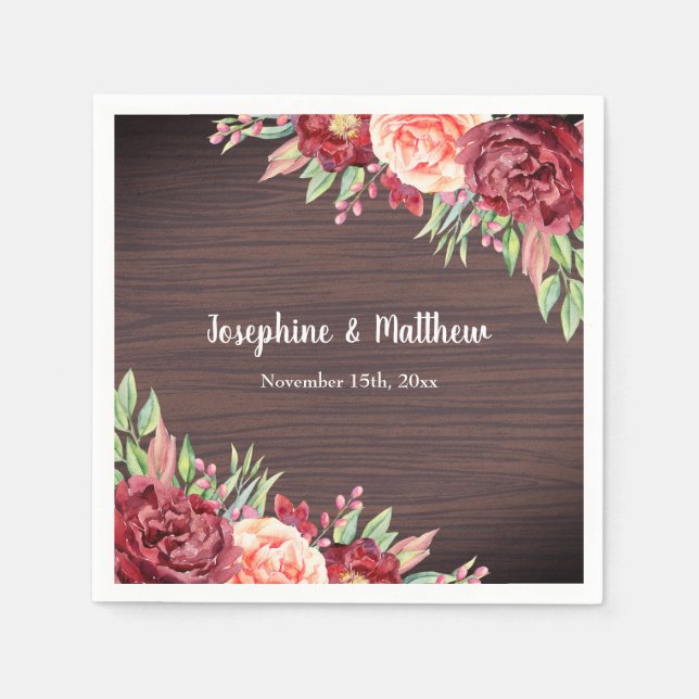 Rustic Burgundy Floral Watercolor Wedding Napkins (Front)