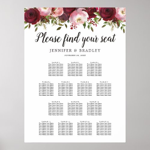 Rustic Burgundy Floral Wedding 14 Table Chart