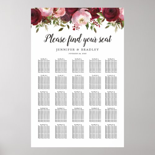 Rustic Burgundy Floral Wedding 25 Table Chart