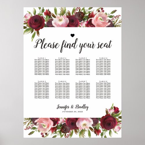 Rustic Burgundy Floral Wedding 8 Table Chart