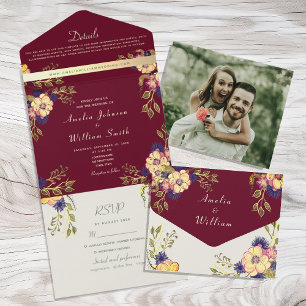 Rustic Burgundy Floral Wedding All In One Invitation