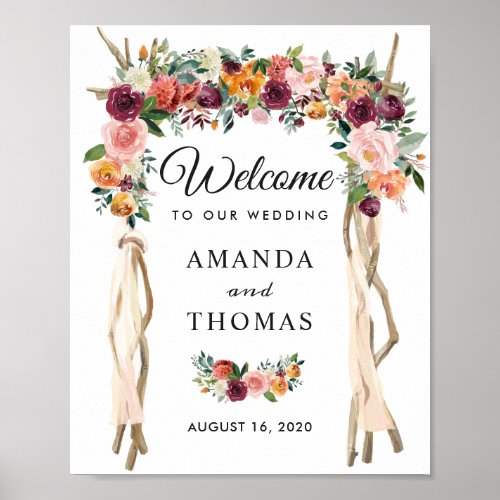 Rustic Burgundy Floral Wedding Arch Welcome Sign