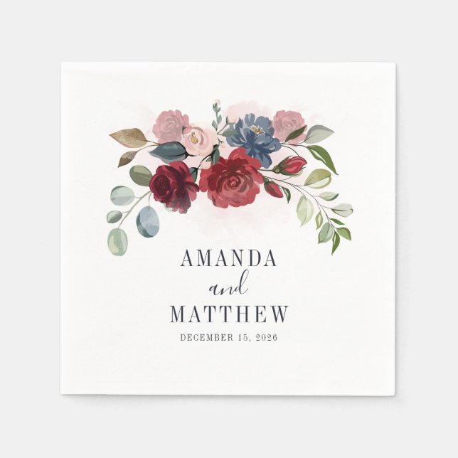 Rustic Burgundy Floral Wedding Cocktail Napkins (Front)