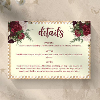 Rustic Burgundy Floral Wedding Details Card