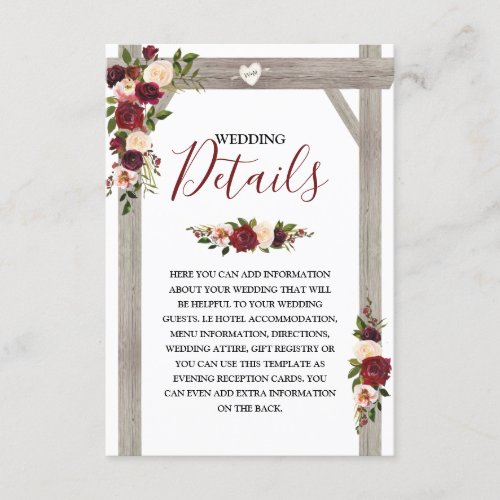 Rustic Burgundy Floral Wedding Details Enclosure Card