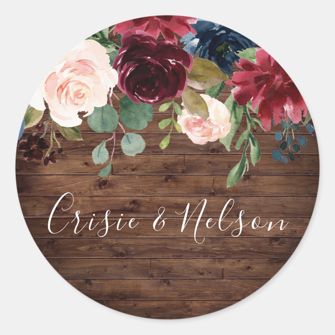 Rustic Burgundy Floral Wedding Engagement Party Classic Round Sticker ...