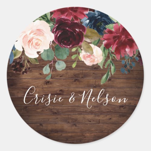 Rustic Burgundy Floral Wedding Engagement Party Classic Round Sticker