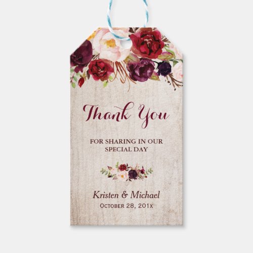 Rustic Burgundy Floral Wedding Favor Thank You Gift Tags - Customize this "Rustic Wood Burgundy Floral Wedding Favor Thank You Gift Tag" to add a special touch. It's a perfect addition to match your colors and styles. 
(1) For further customization, please click the "customize further" link and use our design tool to modify this template. 
(2) If you need help or matching items, please contact me.