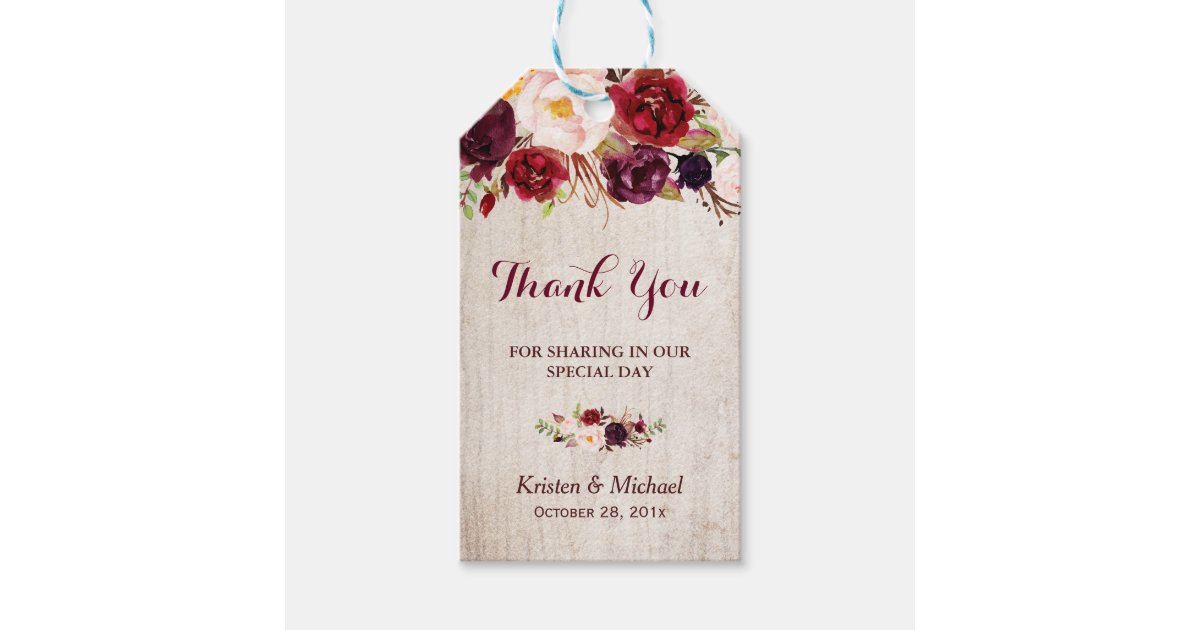 Rustic Burgundy Floral Wedding Favor Thank You Gift Tags | Zazzle