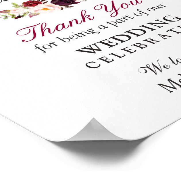 Rustic Burgundy Floral Wedding Favors Thank You Poster