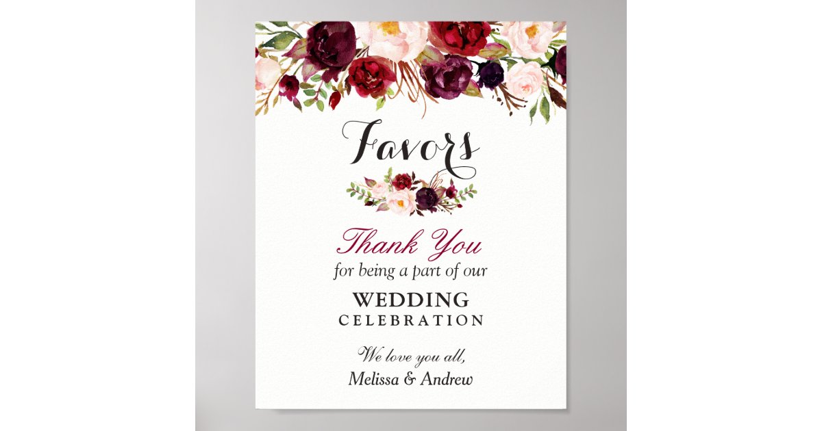 Rustic Burgundy Floral Wedding Favors Thank You Poster | Zazzle