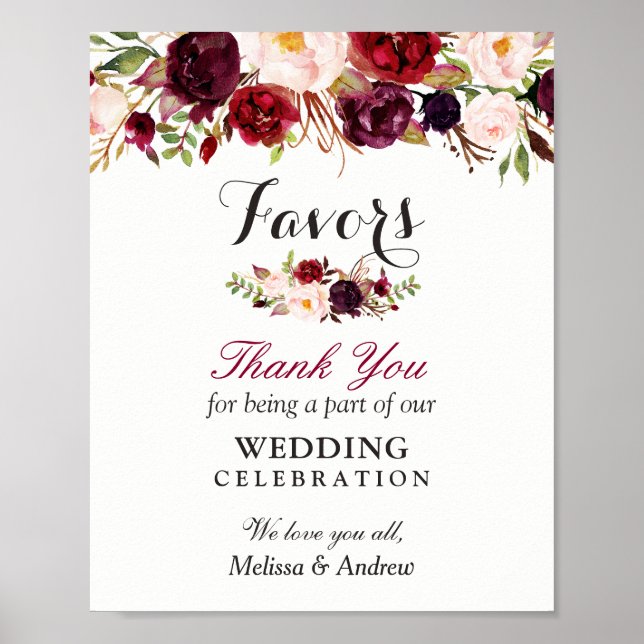 Rustic Burgundy Floral Wedding Favors Thank You Poster (Front)