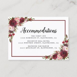 Rustic Burgundy Floral Wedding Hotel Accommodation Business Card