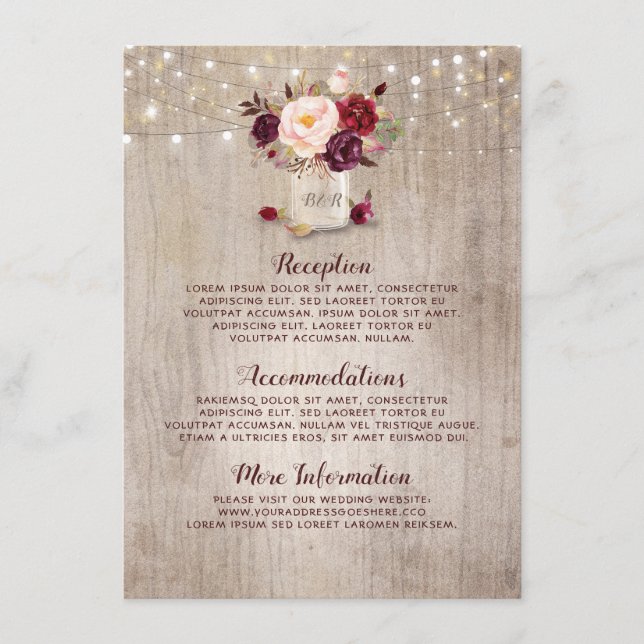 Rustic Burgundy Floral Wedding Information Guest Enclosure Card (Front)