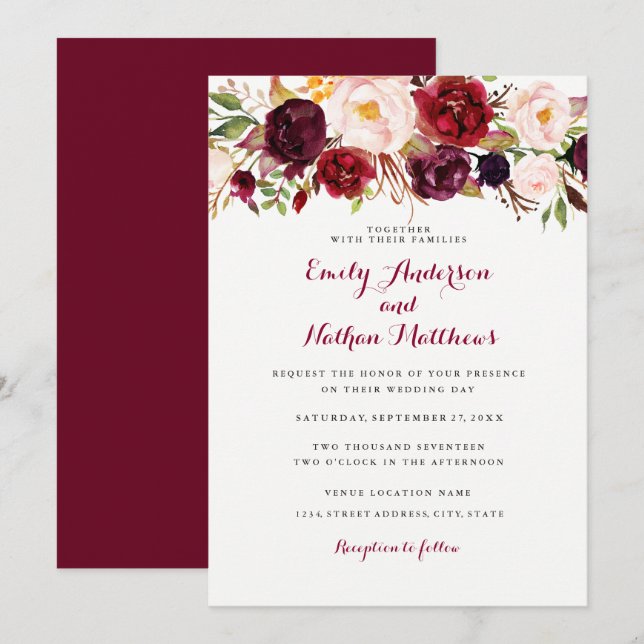 Rustic Burgundy Floral Wedding Invitation (Front/Back)