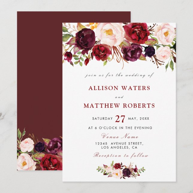 rustic burgundy floral wedding invitation (Front/Back)