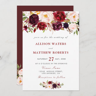 rustic burgundy floral wedding invitation