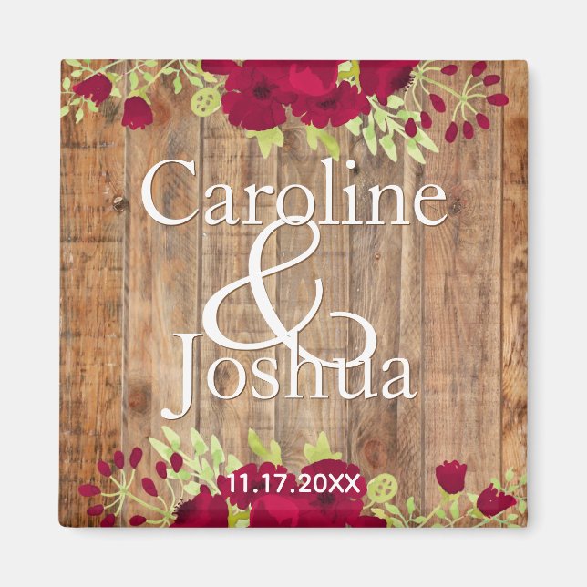 Rustic Burgundy Floral Wedding Magnet (Front)