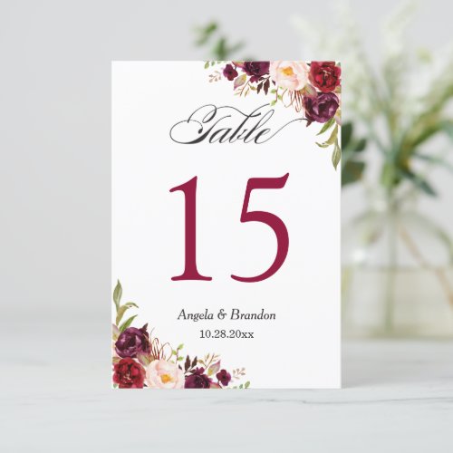 Rustic Burgundy Floral Wedding Table Number Card - Rustic Burgundy Floral Wedding Table Number Card. 
(1) Please customize this template one by one (e.g, from number 1 to xx) , and add each number card separately to your cart. 
(2) For further customization, please click the "customize further" link and use our design tool to modify this template. 
(3) If you need help or matching items, please contact me.